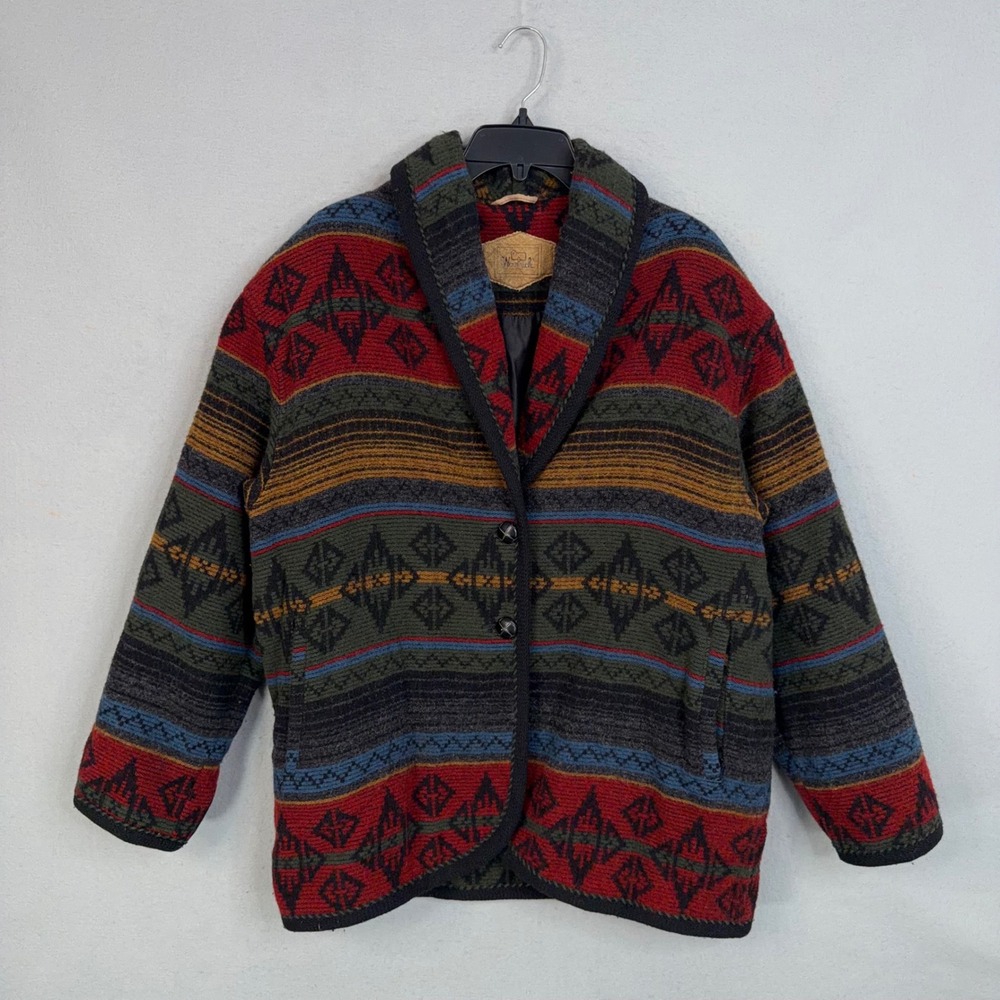 Woolrich Wool Blend Jacket Mens Large Geometric Nordic Aztec Shawl Collar
